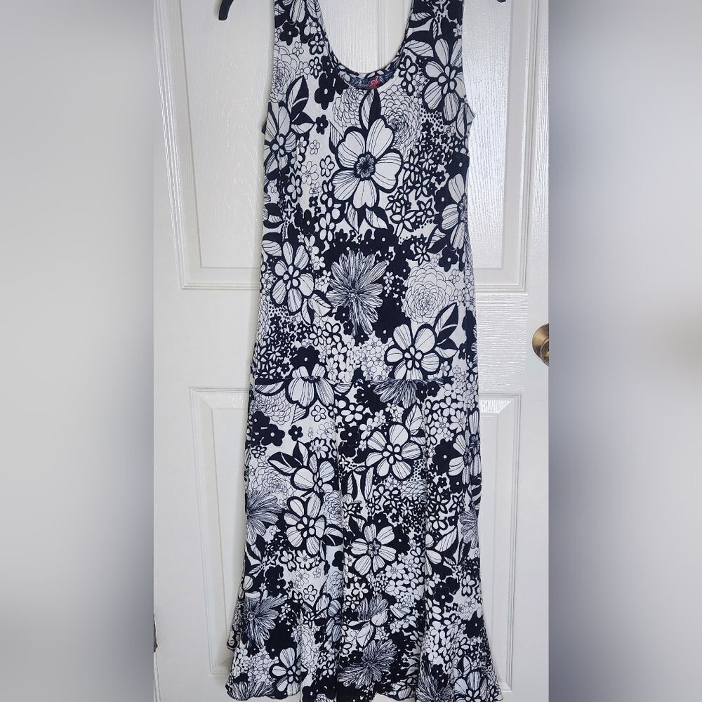 Phool L White Black 100% Cotton Vtg 90s Floral Print Slvlss Women Midi Sundress